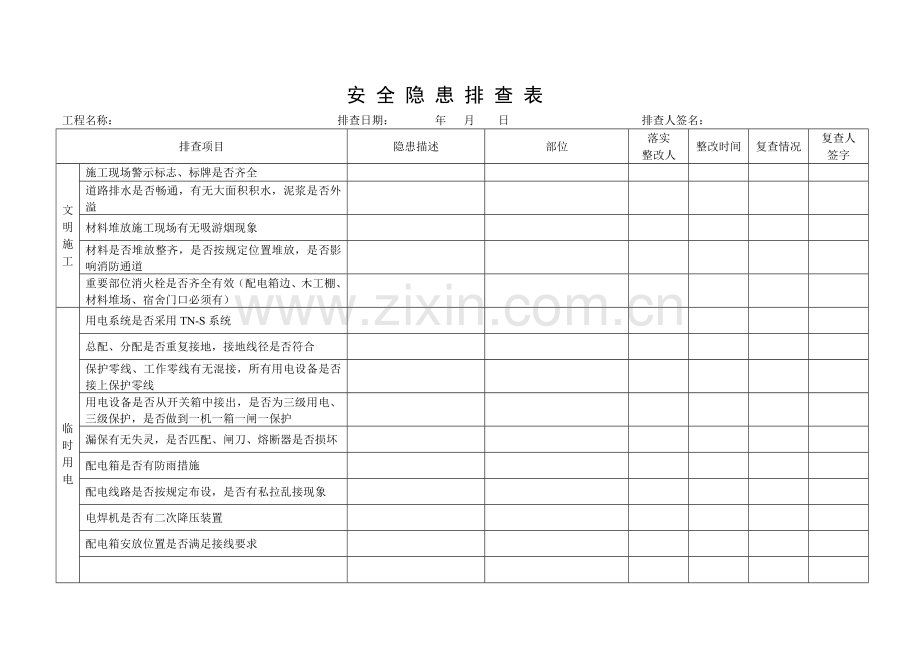 公路工程施工现场安全隐患排查表.doc_第1页