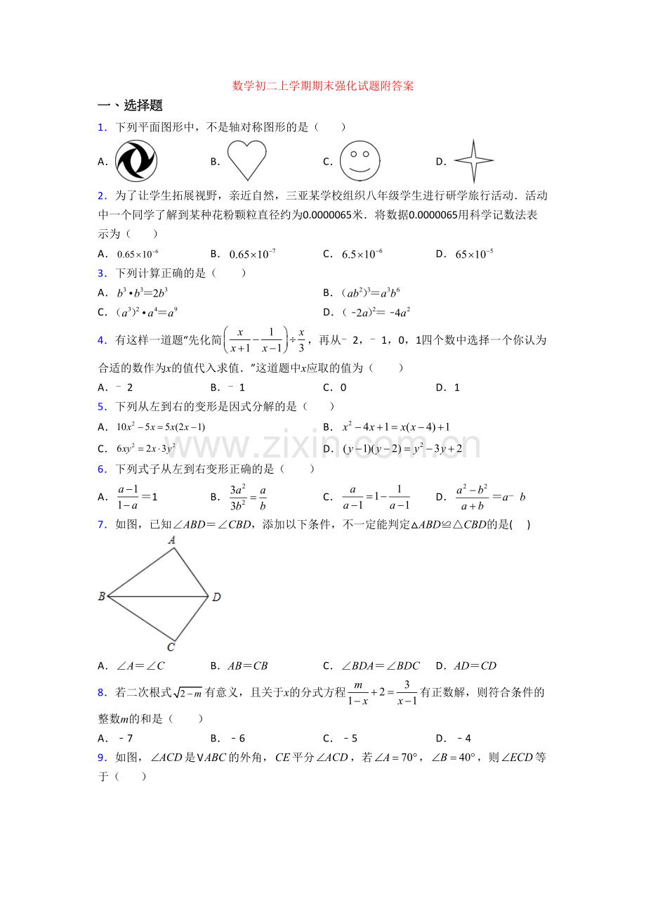 数学初二上学期期末强化试题附答案.doc_第1页