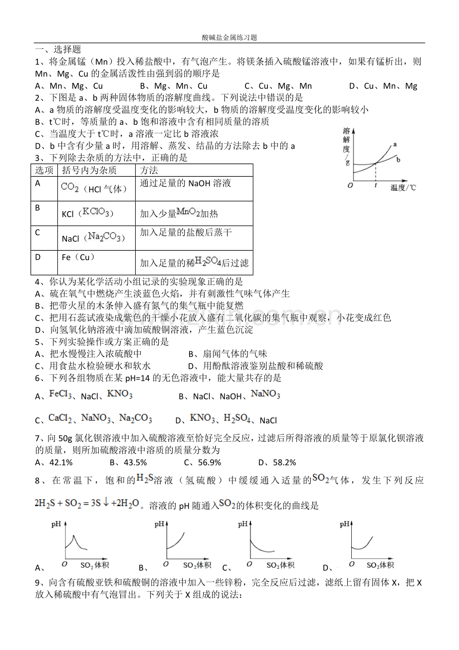 初中化学酸碱盐中考复习题.docx_第1页