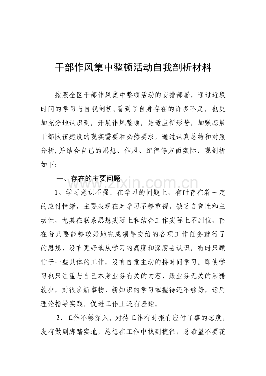 干部作风集中整顿活动自我剖析材料.doc_第1页