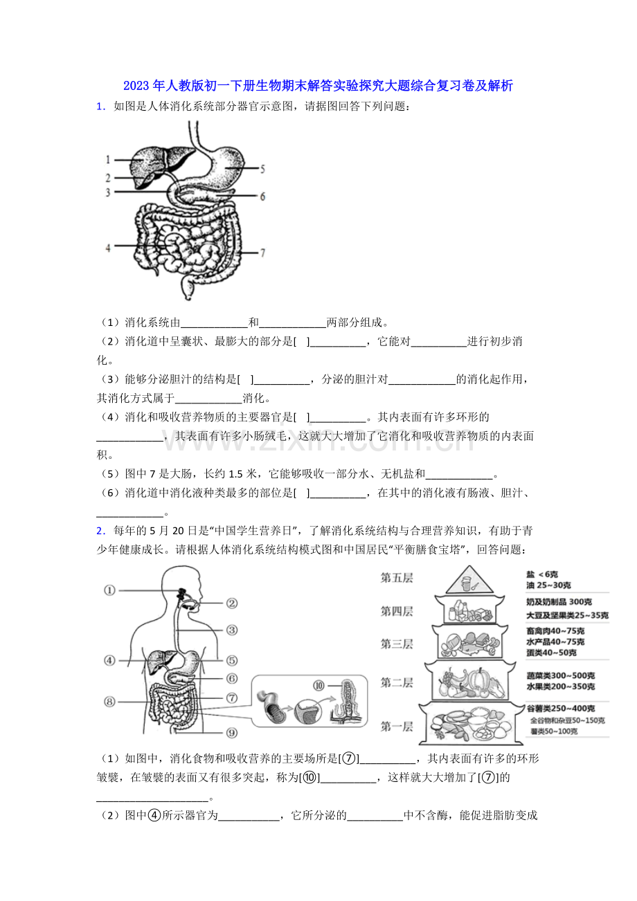 2023年人教版初一下册生物期末解答实验探究大题综合复习卷及解析.doc_第1页