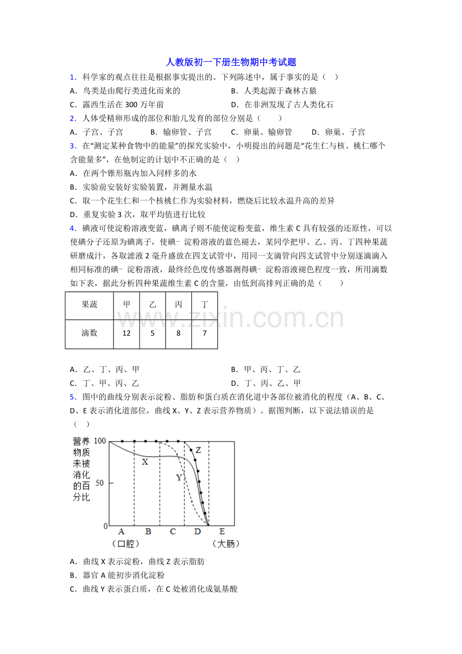 人教版初一下册生物期中考试题.doc_第1页