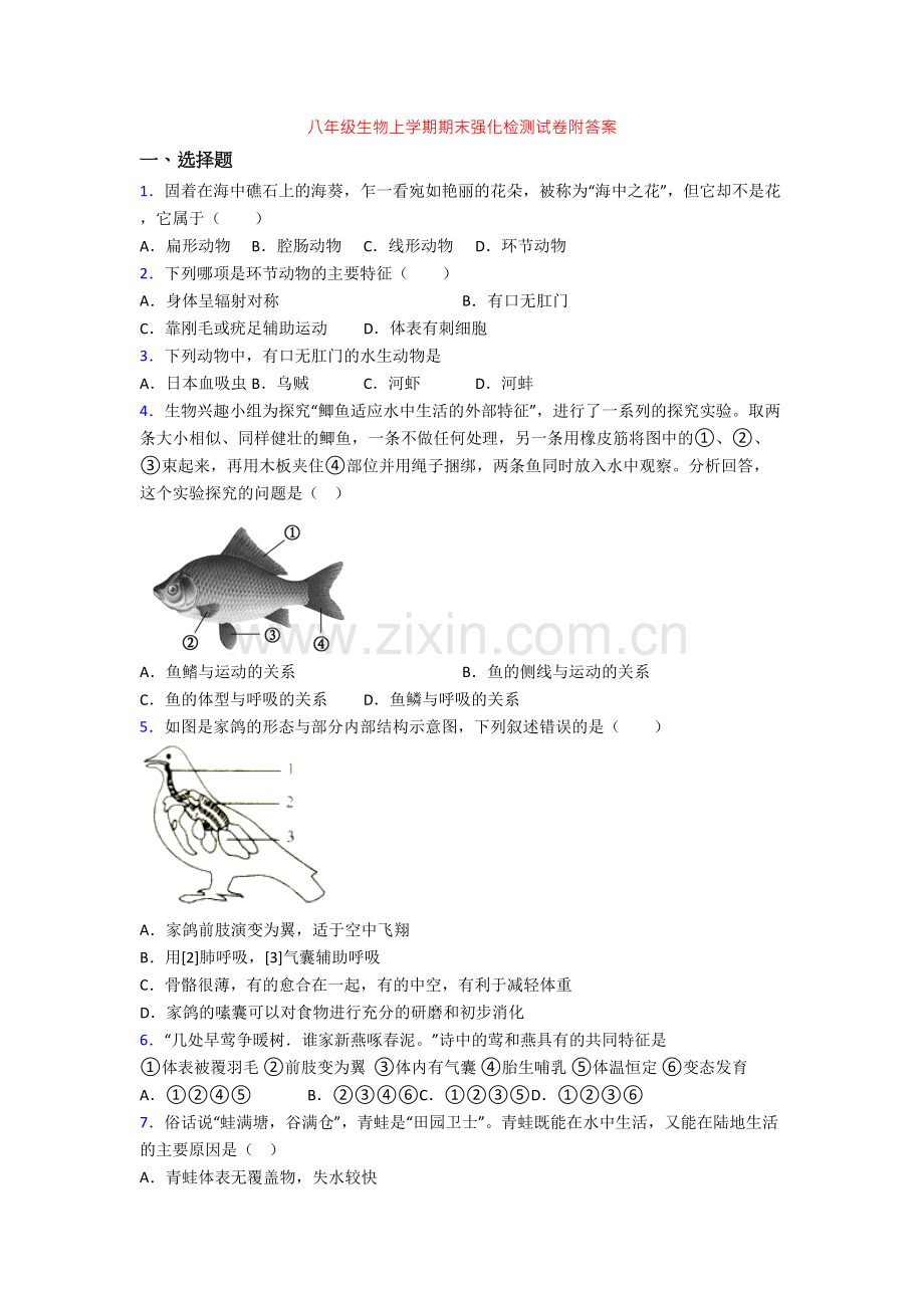 八年级生物上学期期末强化检测试卷附答案.doc_第1页