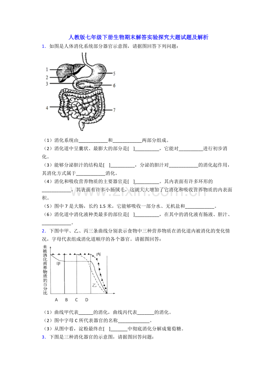 人教版七年级下册生物期末解答实验探究大题试题及解析.doc_第1页