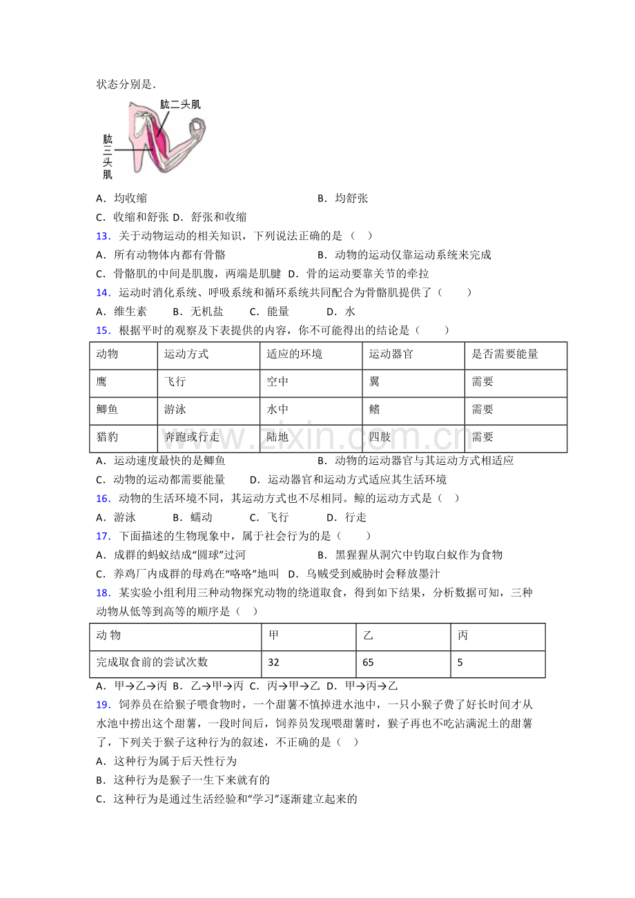 初二上册期末模拟生物检测试卷附答案.doc_第3页