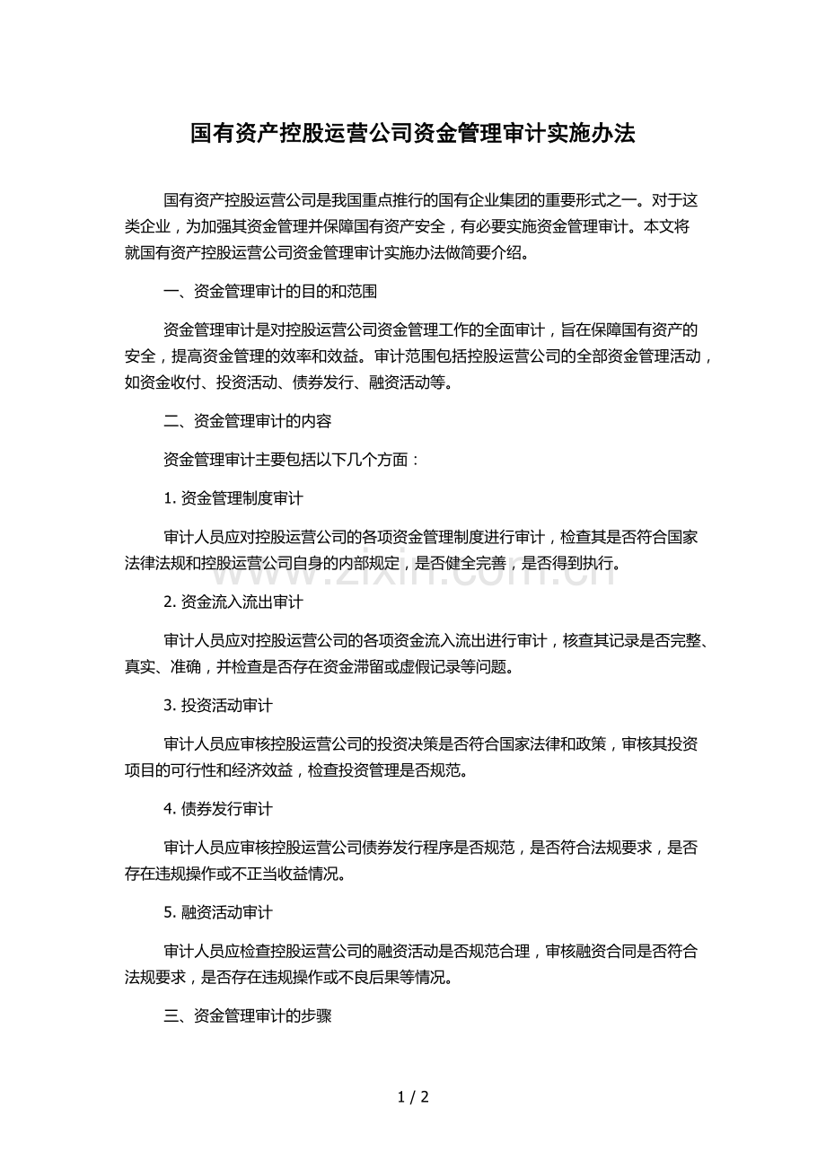 国有资产控股运营公司资金管理审计实施办法.docx_第1页