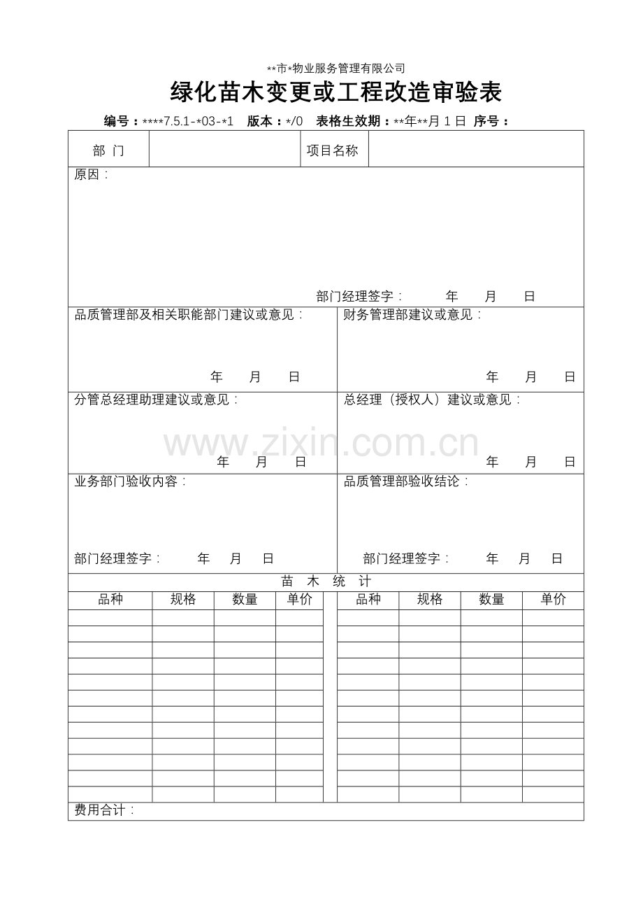 物业资料之绿化苗木变更或工程改造审验表模板.doc_第1页