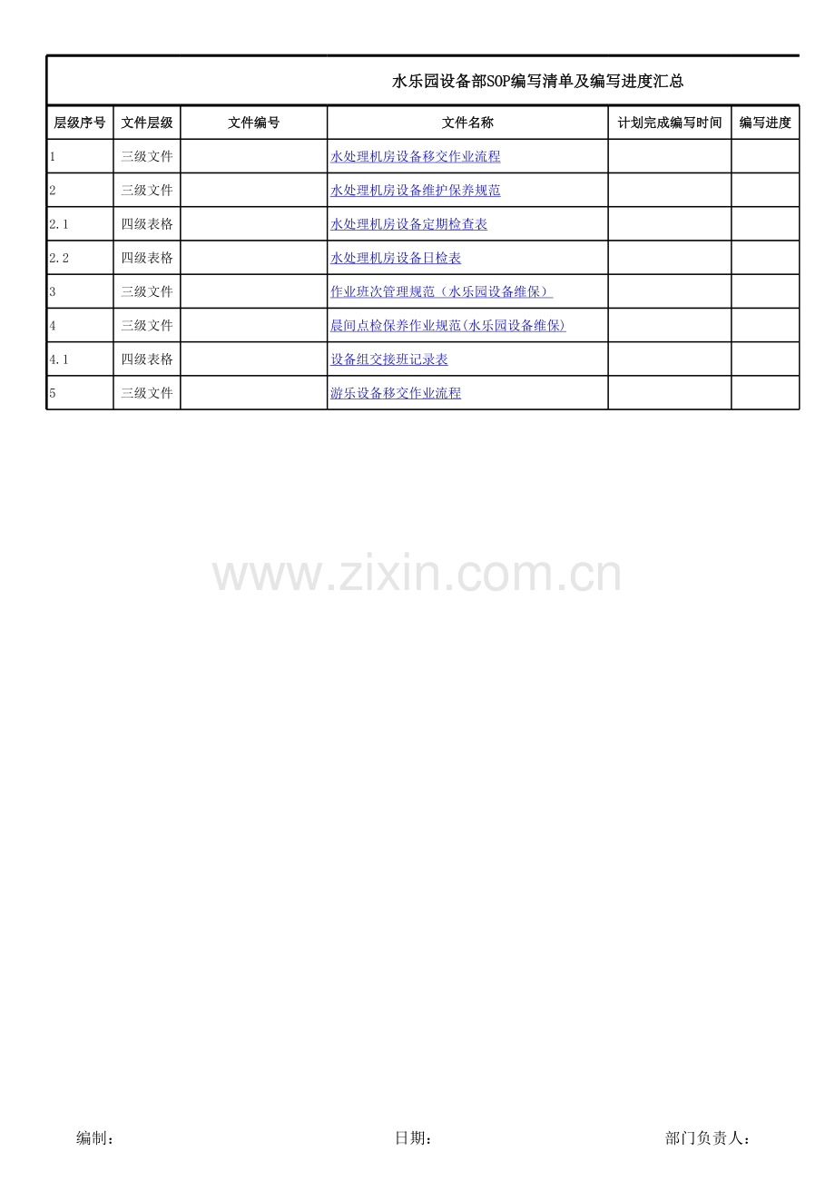 水乐园设备部文件编写总表模版.xls_第1页