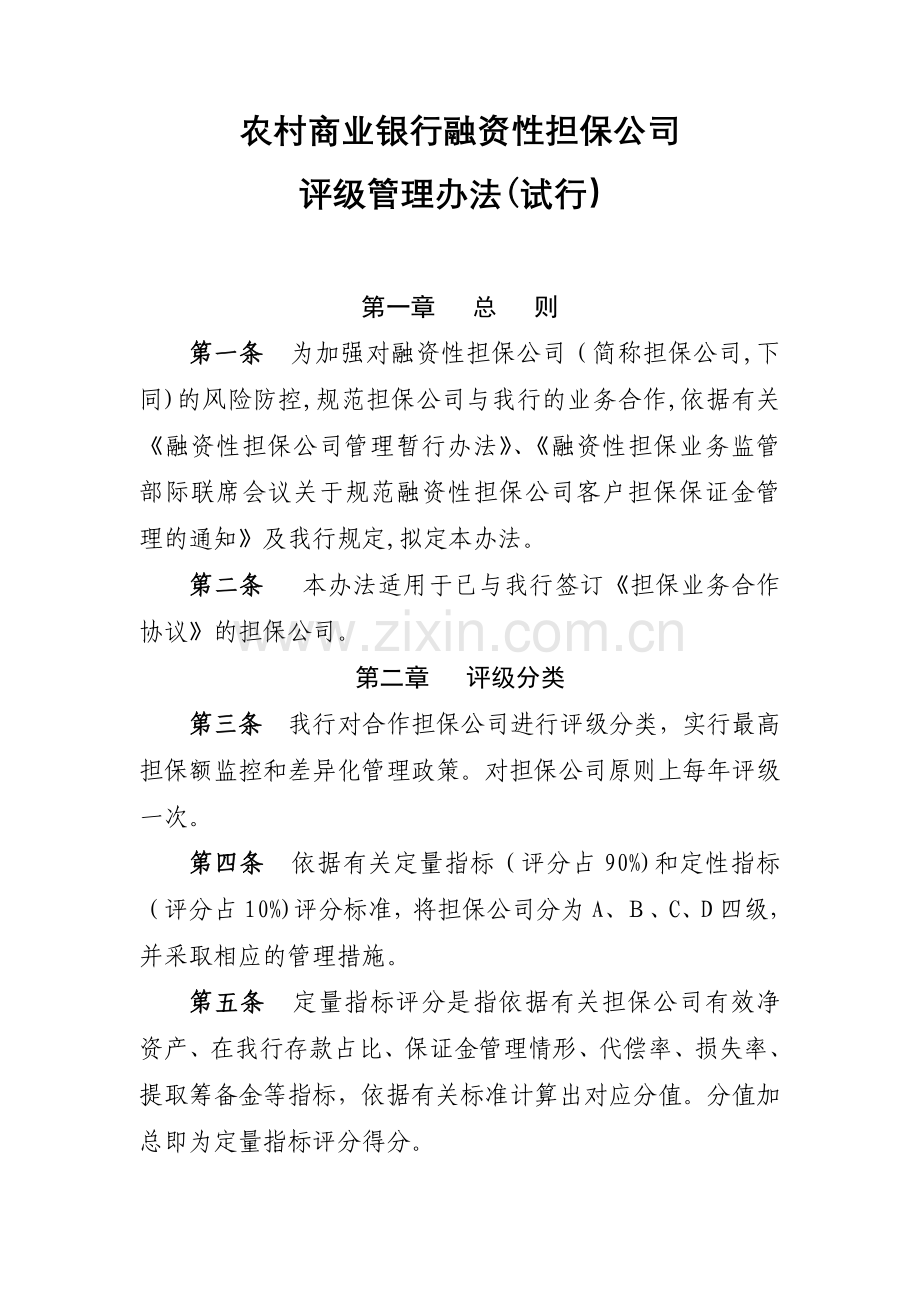 农村商业银行融资性担保公司评级管理办法模版.docx_第1页