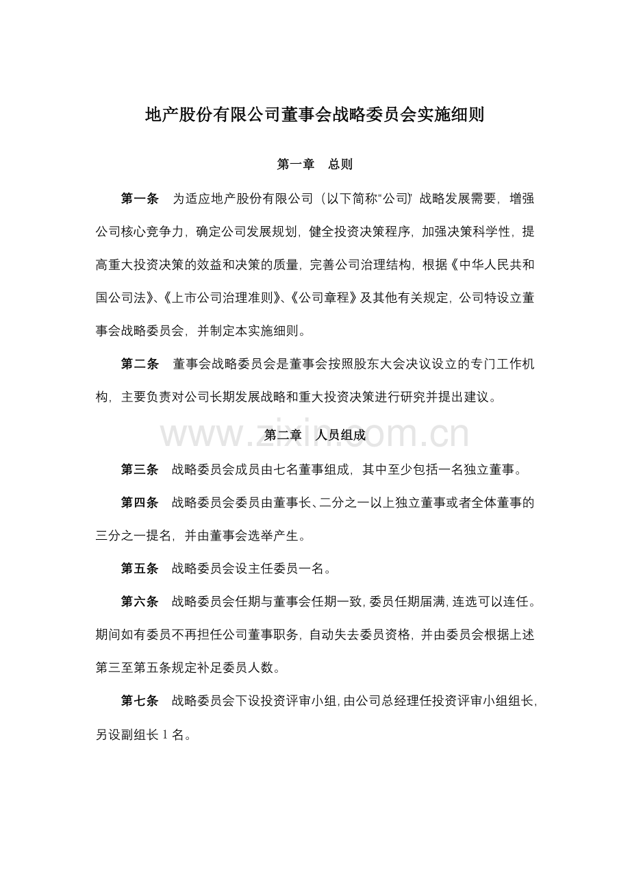 地产股份有限公司董事会战略委员会实施细则模版.docx_第1页