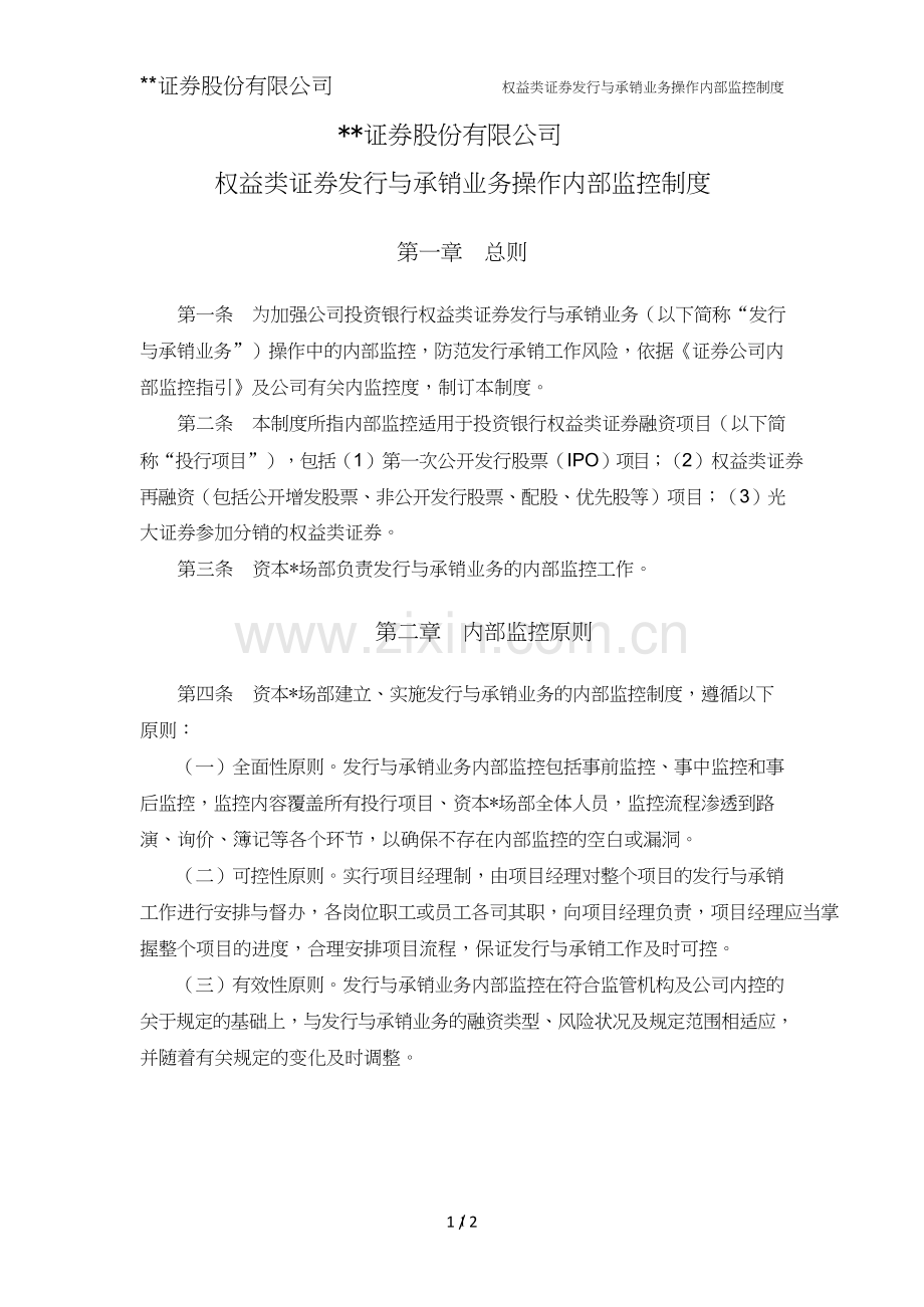 证券股份有限公司权益类证券发行与承销业务操作内部控制制度模版.doc_第1页