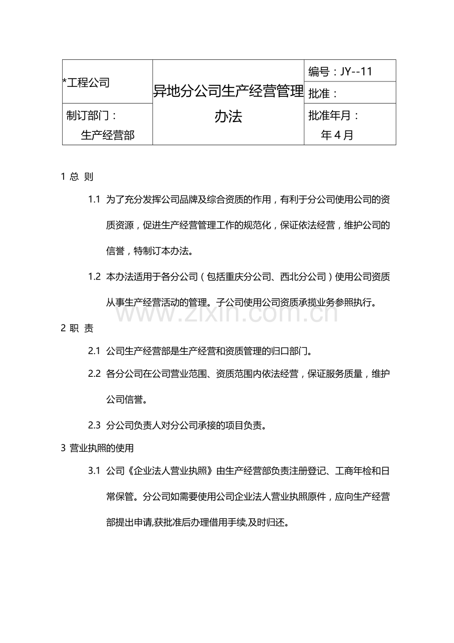 国有企业异地分公司生产管理办法模版.docx_第1页