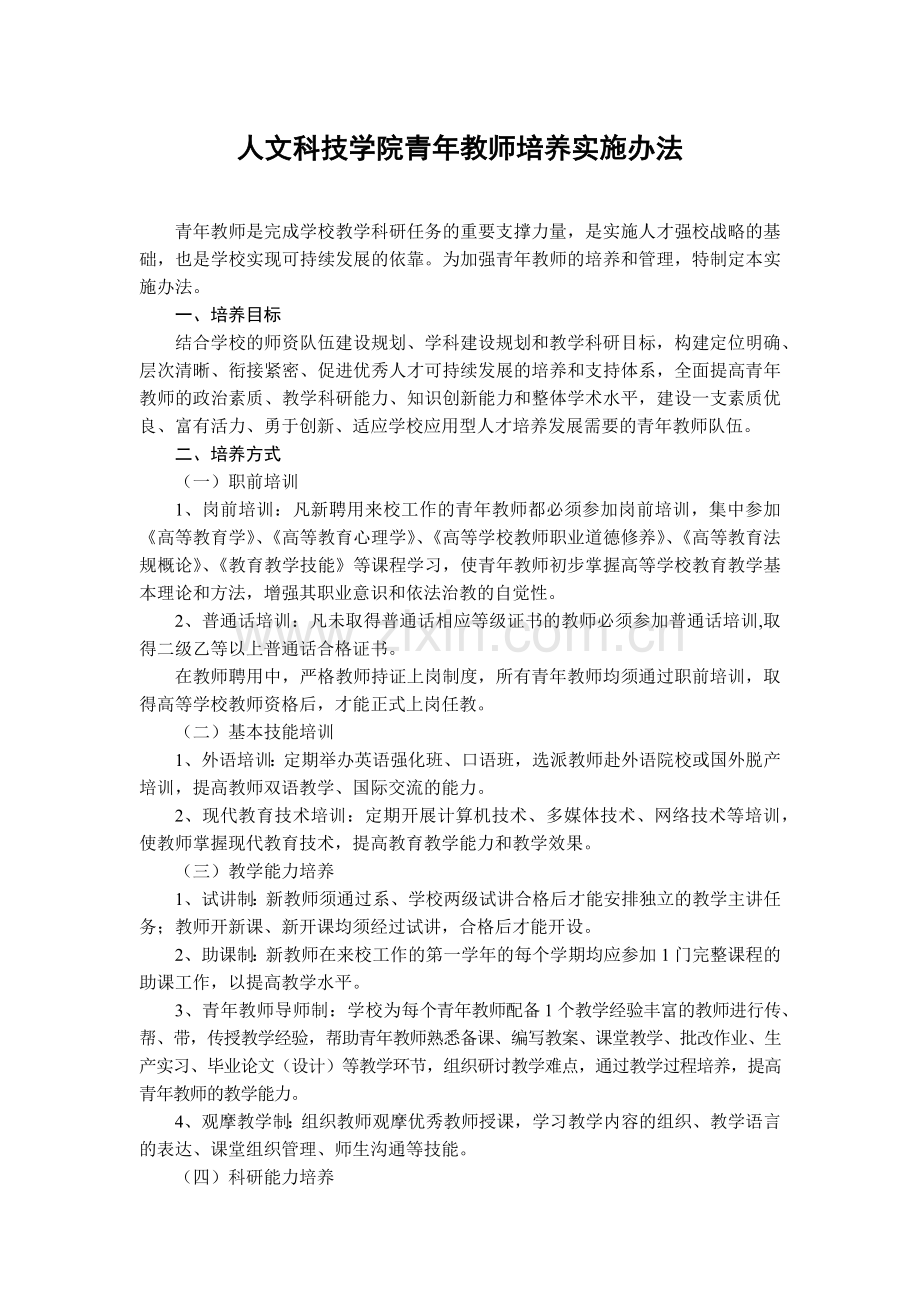 大学大学人文科技学院青年教师培养实施办法模版.docx_第1页