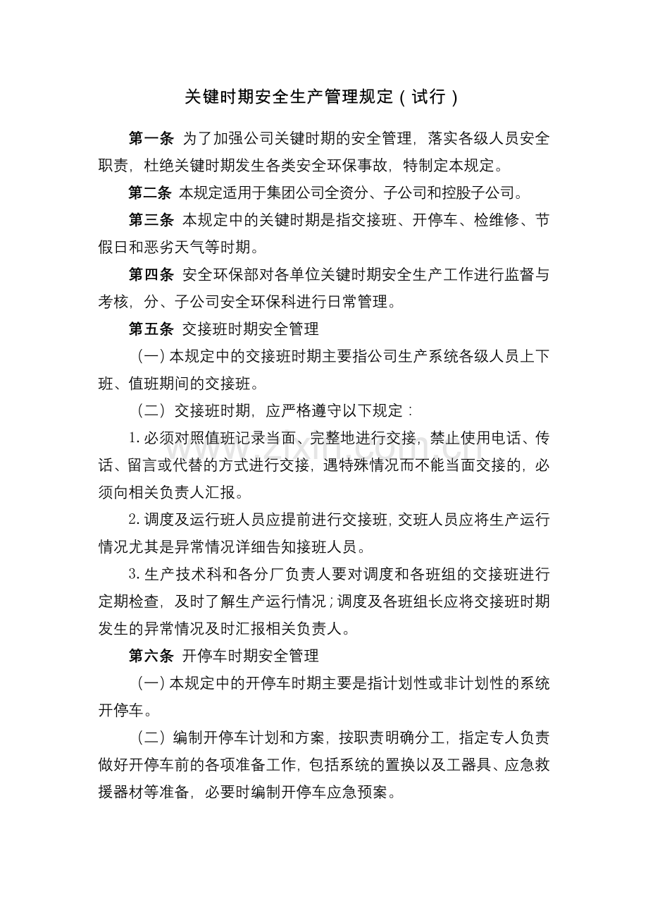 化工集团公司关键时期安全生产管理规定(试行)模版.docx_第1页