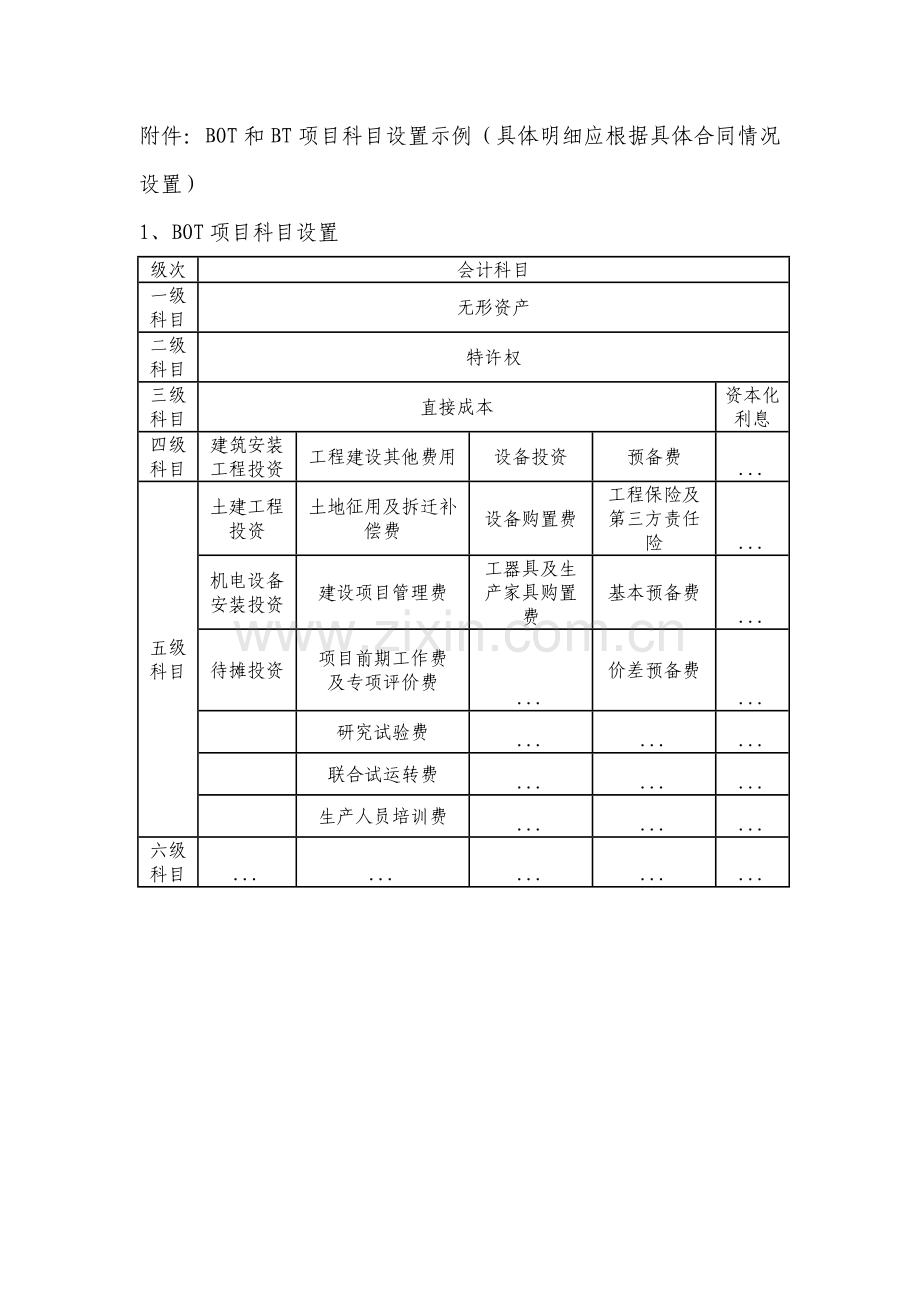 国有企业BOT和BT项目科目设置示例模版.docx_第1页