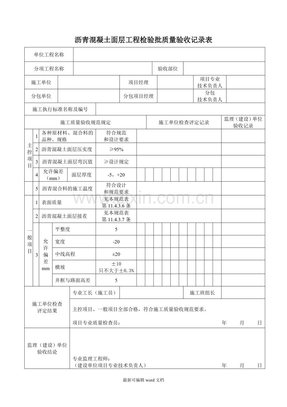 沥青混凝土面层工程检验批质量验收记录表.doc_第1页