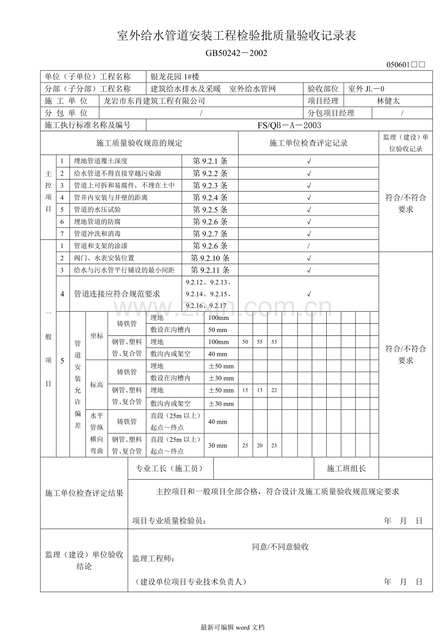 室外给水管道安装工程检验批质量验收记录.doc_第1页