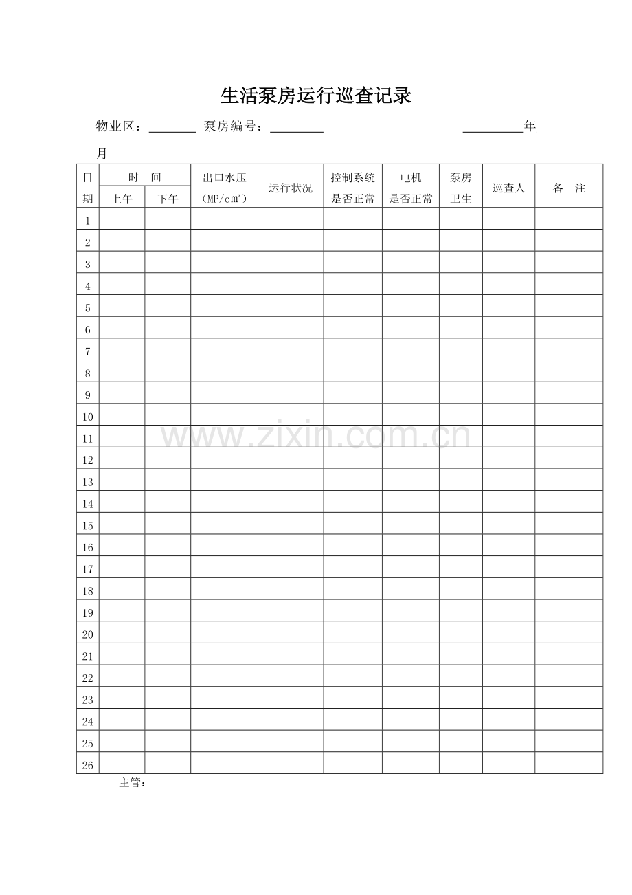 物业公司生活泵房运行巡查记录[1].doc_第1页
