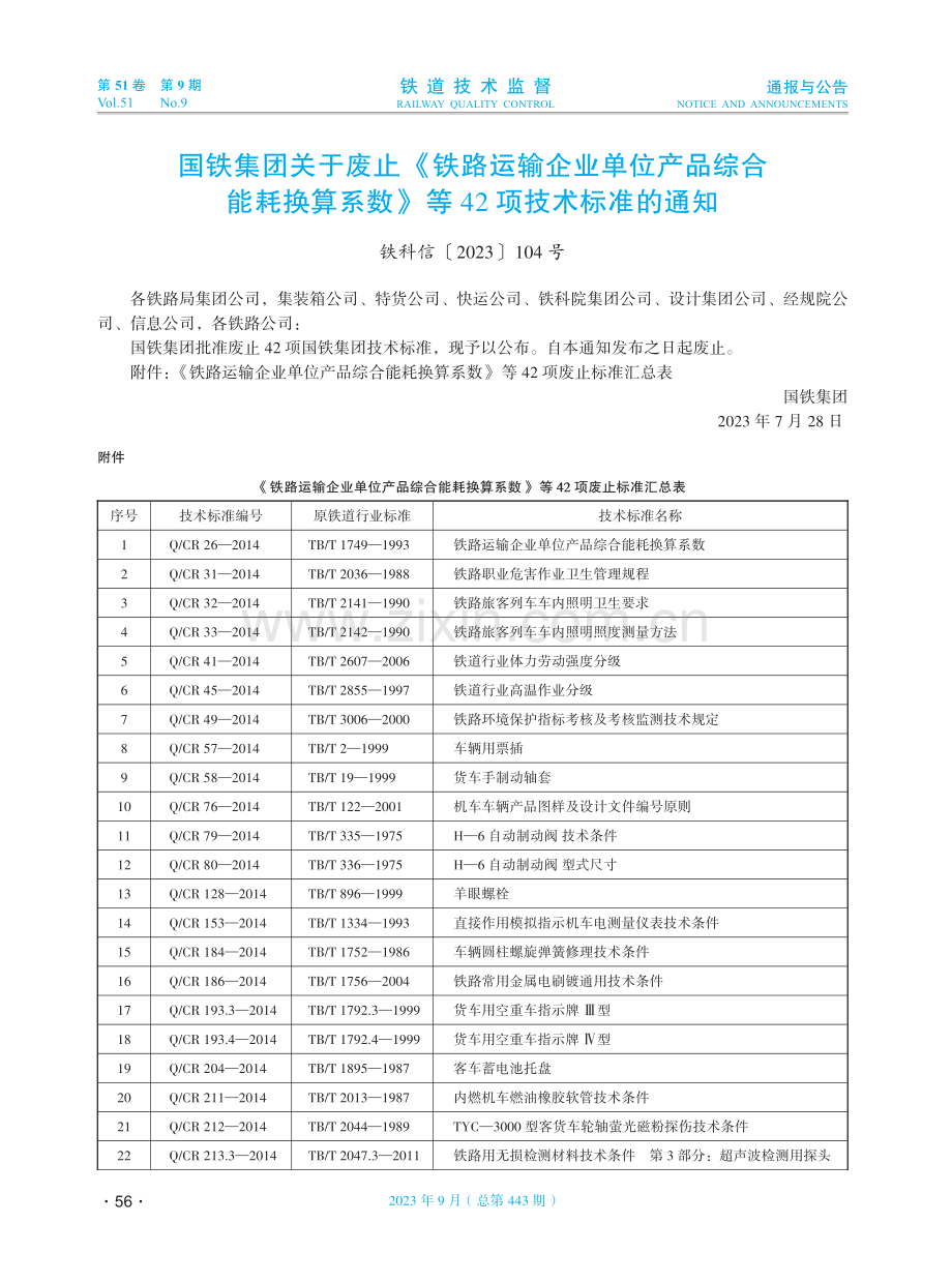 国铁集团关于废止《铁路运输企业单位产品综合能耗换算系数》等42项技术标准的通知 铁科信%5B2023%5D104号.pdf_第1页