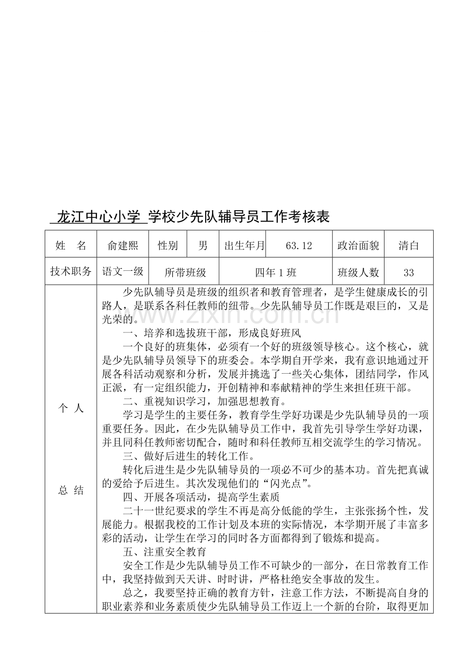 俞建熙学校少先队辅导员工作考核表..doc_第1页