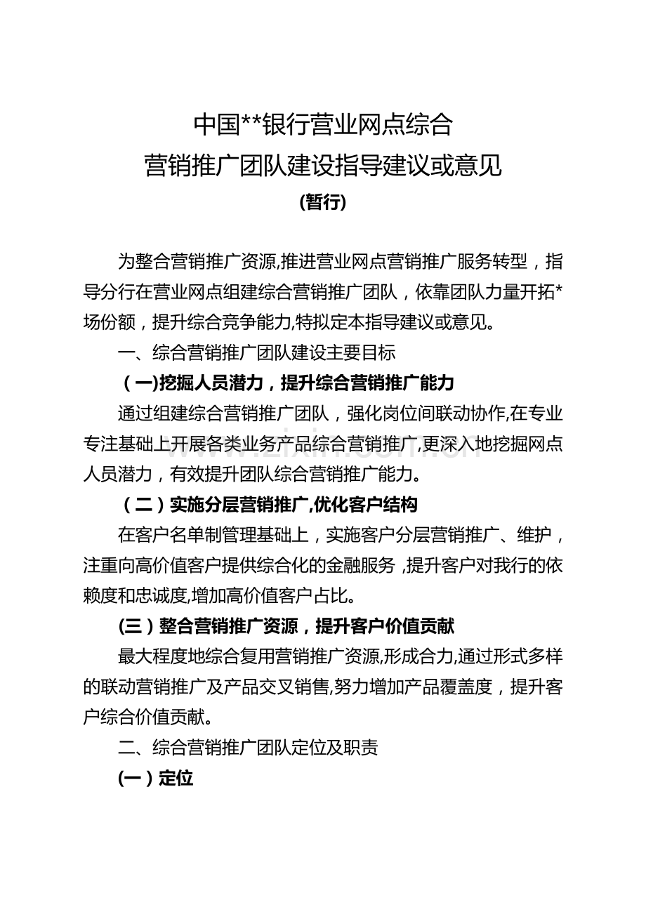 银行营业网点综合营销团队建设指导意见模版.doc_第1页