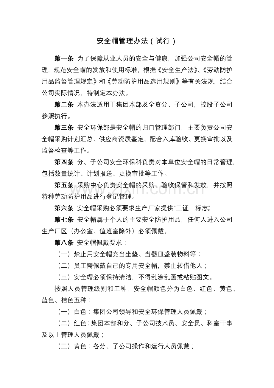 化工集团公司安全帽管理办法(试行)模版.docx_第1页