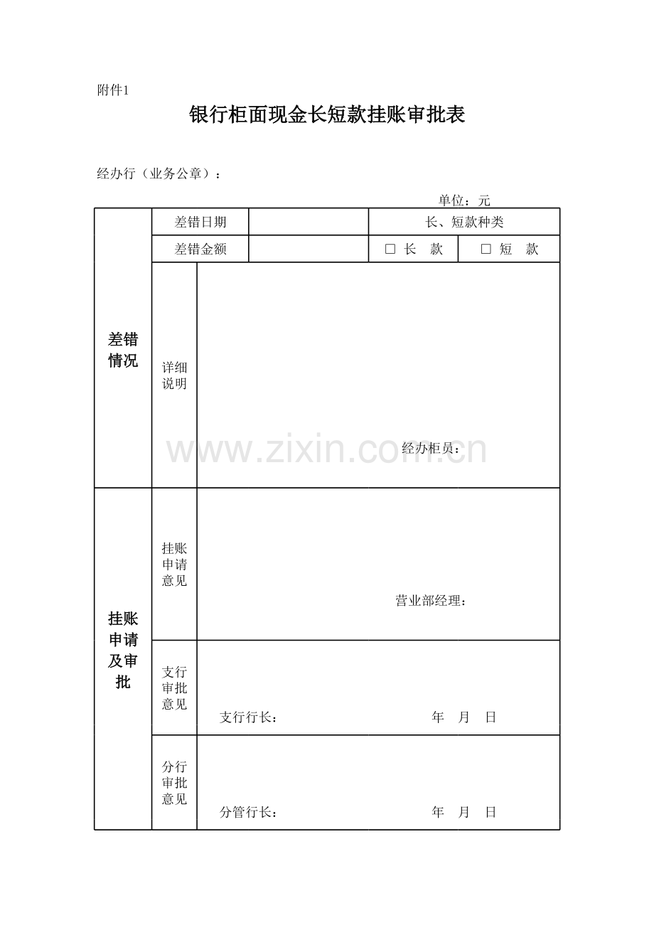 柜面现金长短款挂账及处理审批表.xls_第1页