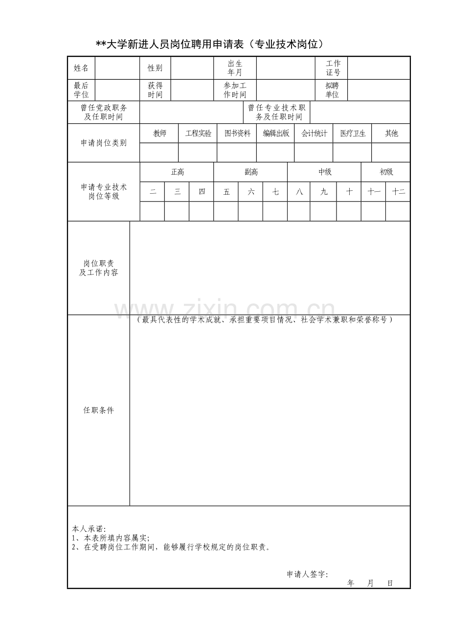 大学新进人员岗位聘用申请表(专业技术岗位).doc_第1页