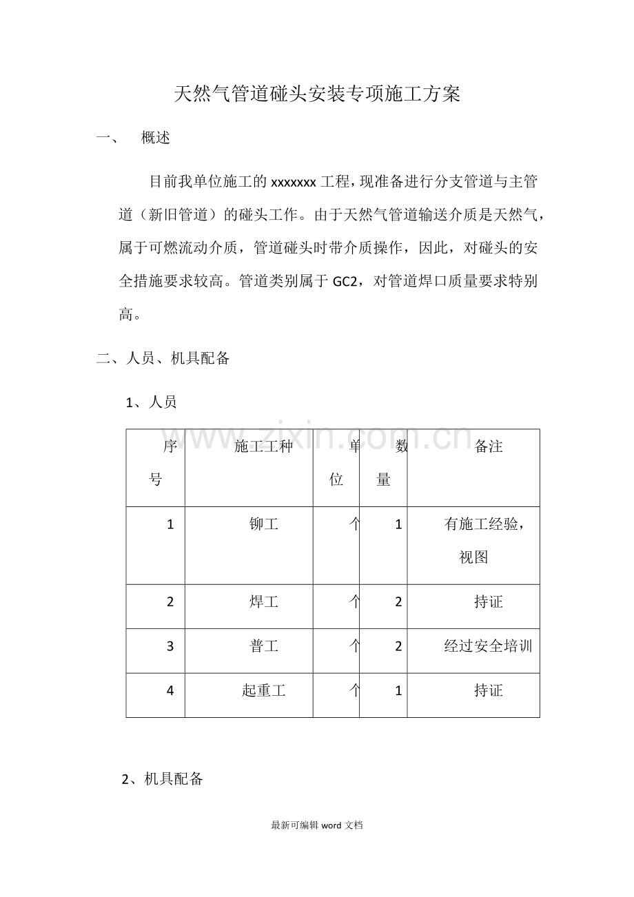 天然气管道碰头安装专项施工方案.doc_第1页