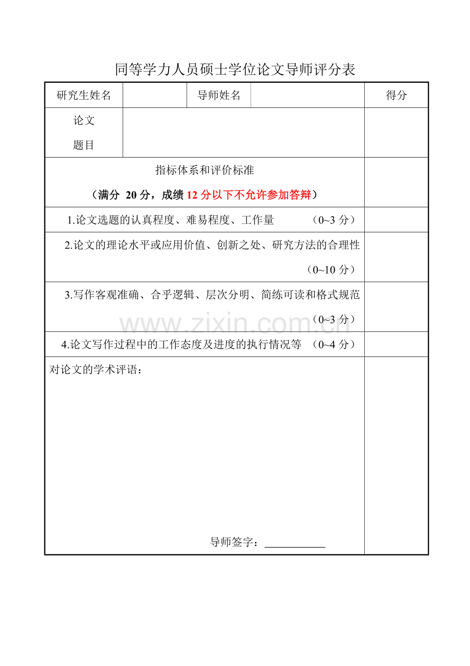 同等学力人员硕士学位论文导师评分表.doc_第1页