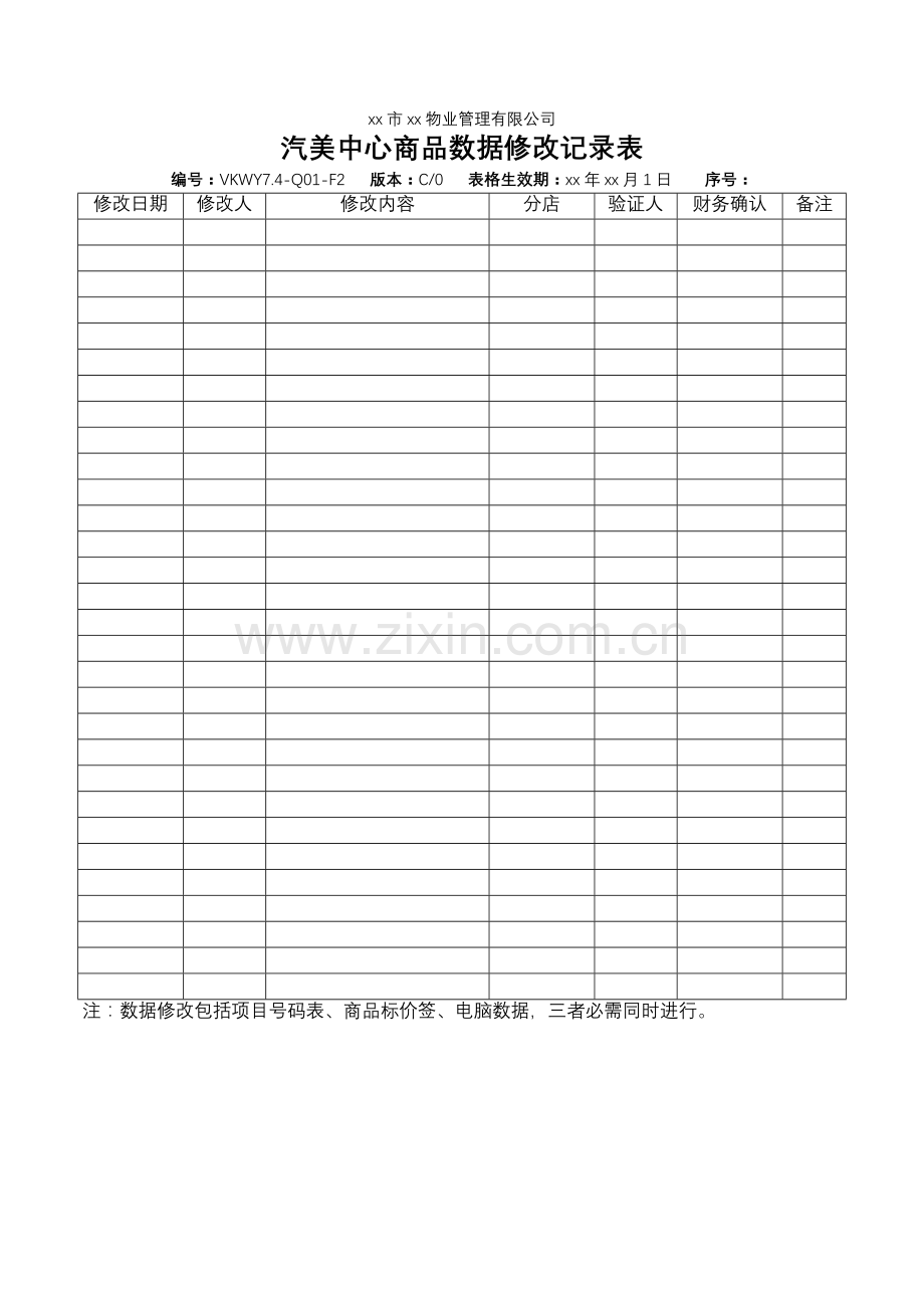 物业公司汽美中心商品数据修改记录表.doc_第1页