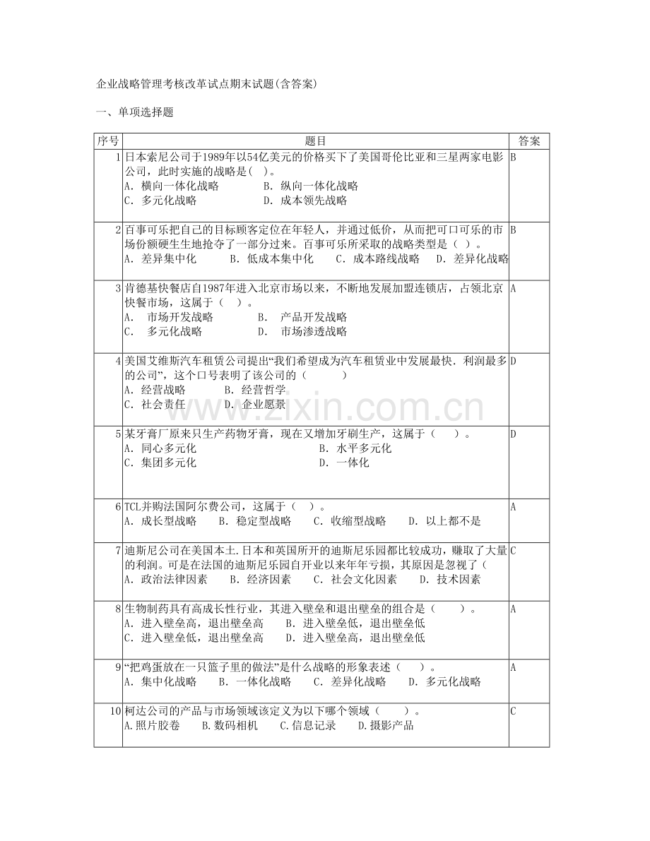 企业战略管理考核改革试点期末试题(含答案).doc_第1页