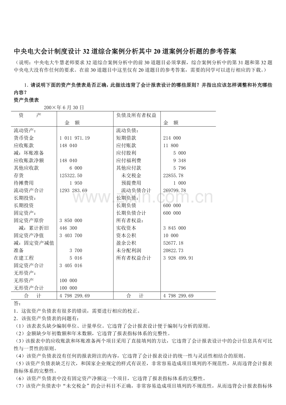 中央电大会计制度设计32道综合案例分析其中20道案例分析题的参考答案[1].doc_第1页