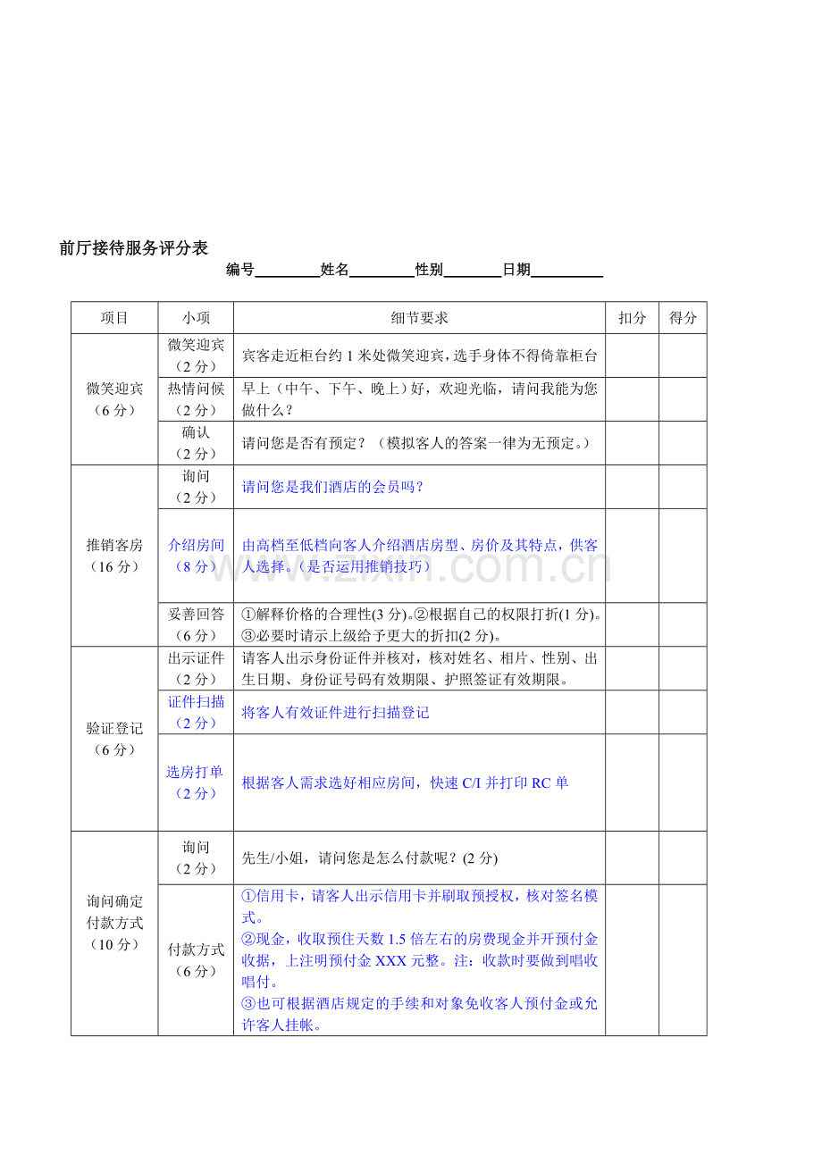 酒店前厅接待入住流程及评分标准.doc_第1页