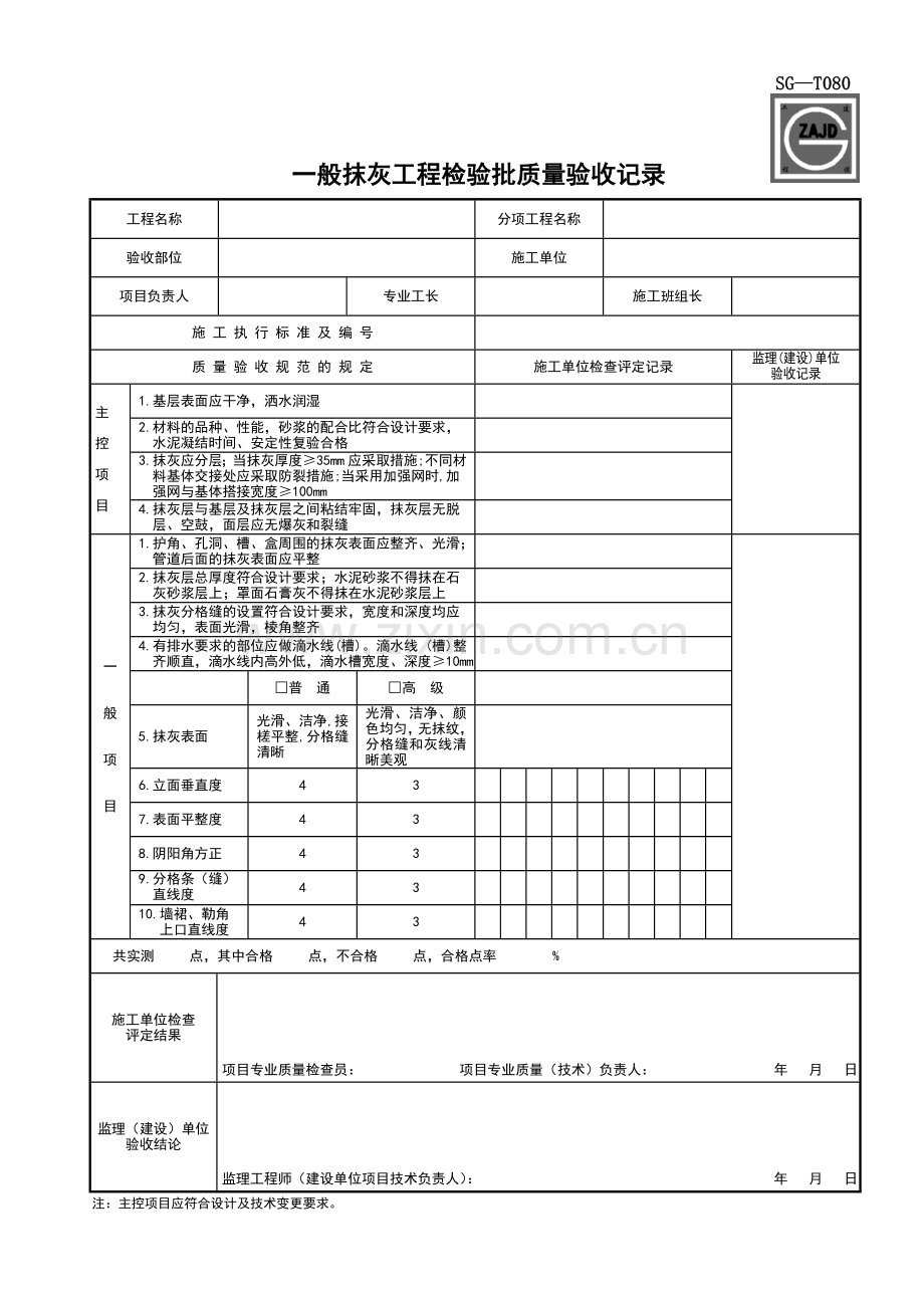 SG-T080一般抹灰工程检验批质量验收记录.doc_第1页