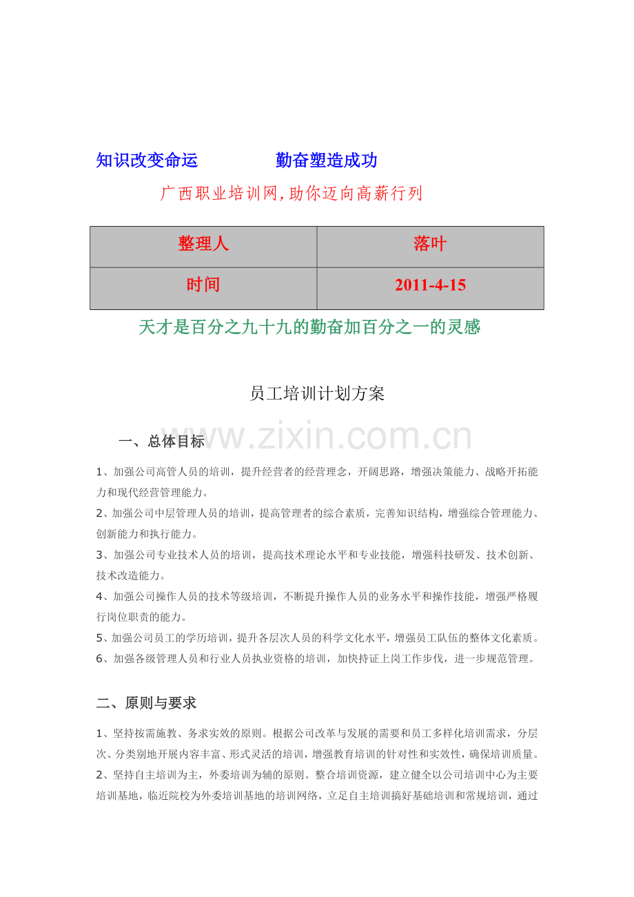 2011人力资源管理员工培训计划方案.doc_第1页