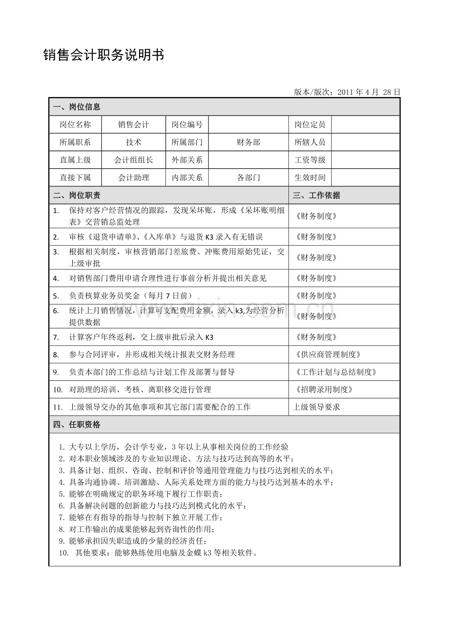 销售会计岗位职责说明书.doc_第1页