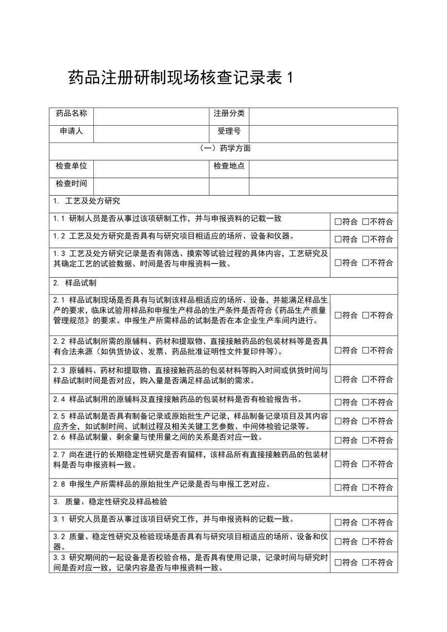 药品注册研制现场和生产现场核查记录表1.doc_第1页