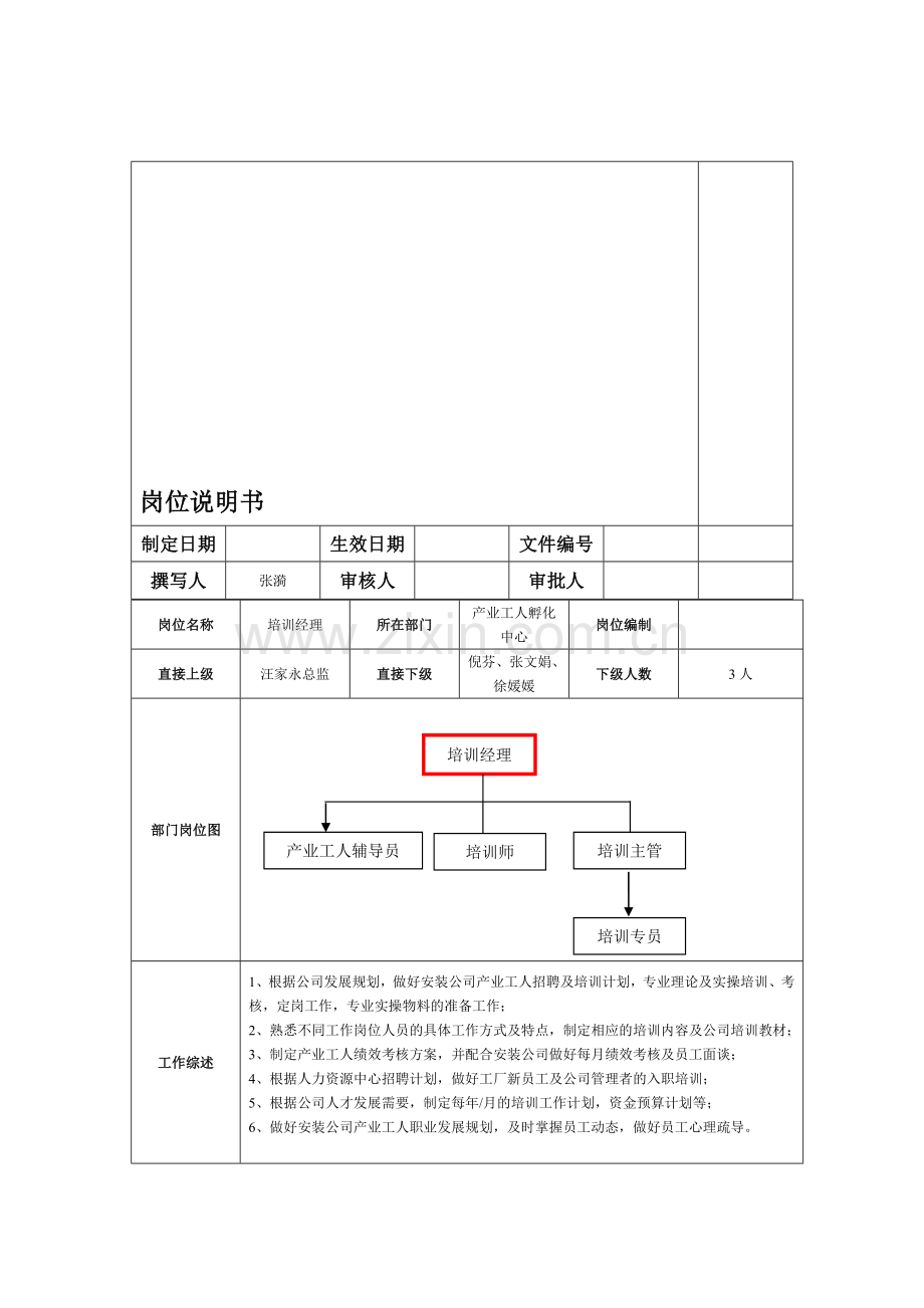 培训经理岗位说明书1.doc_第1页