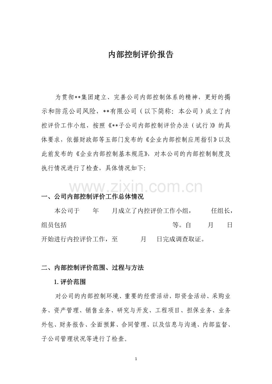 某有限公司内部控制自我评价报告.doc_第1页