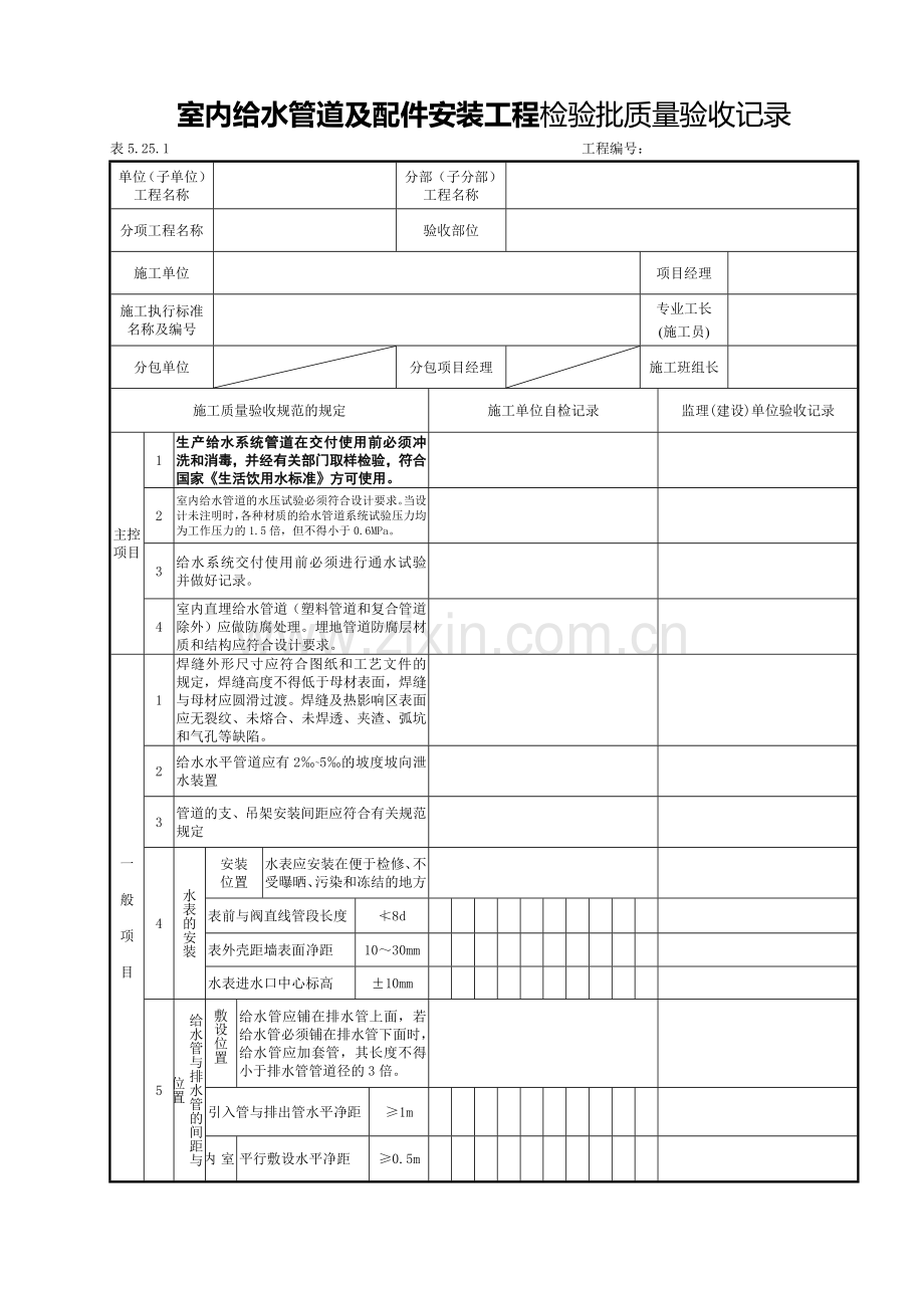 表5.25.1--室内给水管道及配件安装工程检验批质量验收记录.doc_第1页