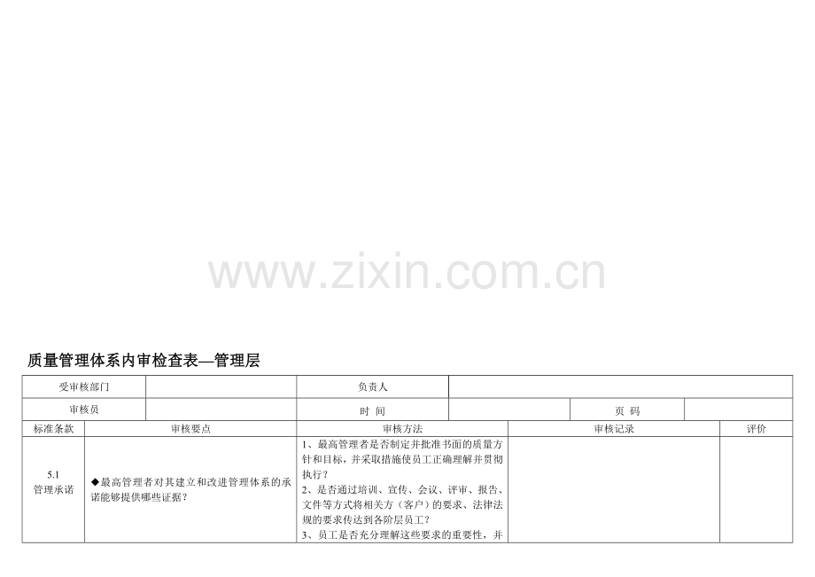 2015年3月内审检查表(管理层).doc_第1页