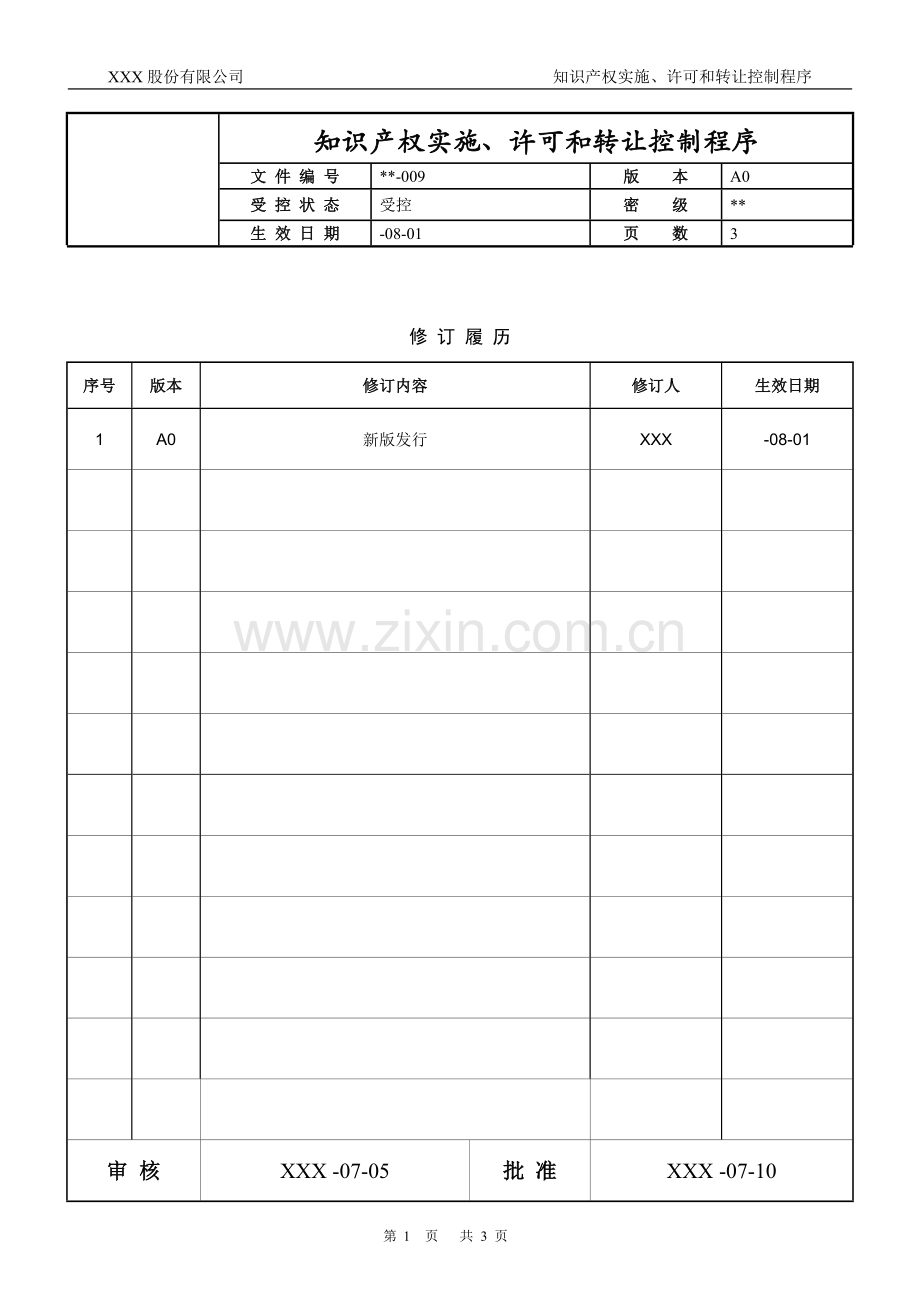 知识产权管理体系认证-009-知识产权实施、许可和转让控制程序.docx_第1页