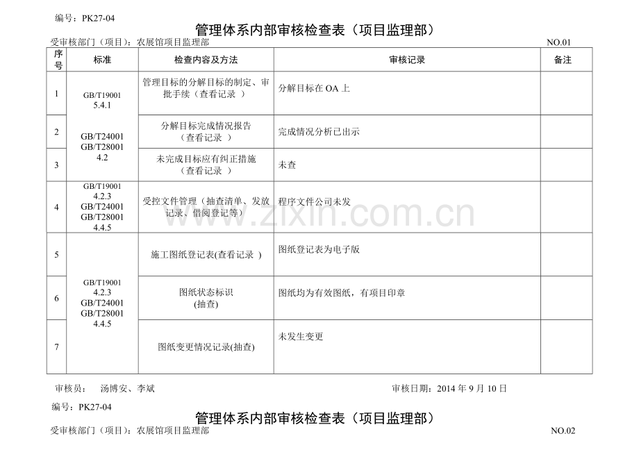 内部质量审核检查表(监理工程)-农展馆项目.doc_第1页