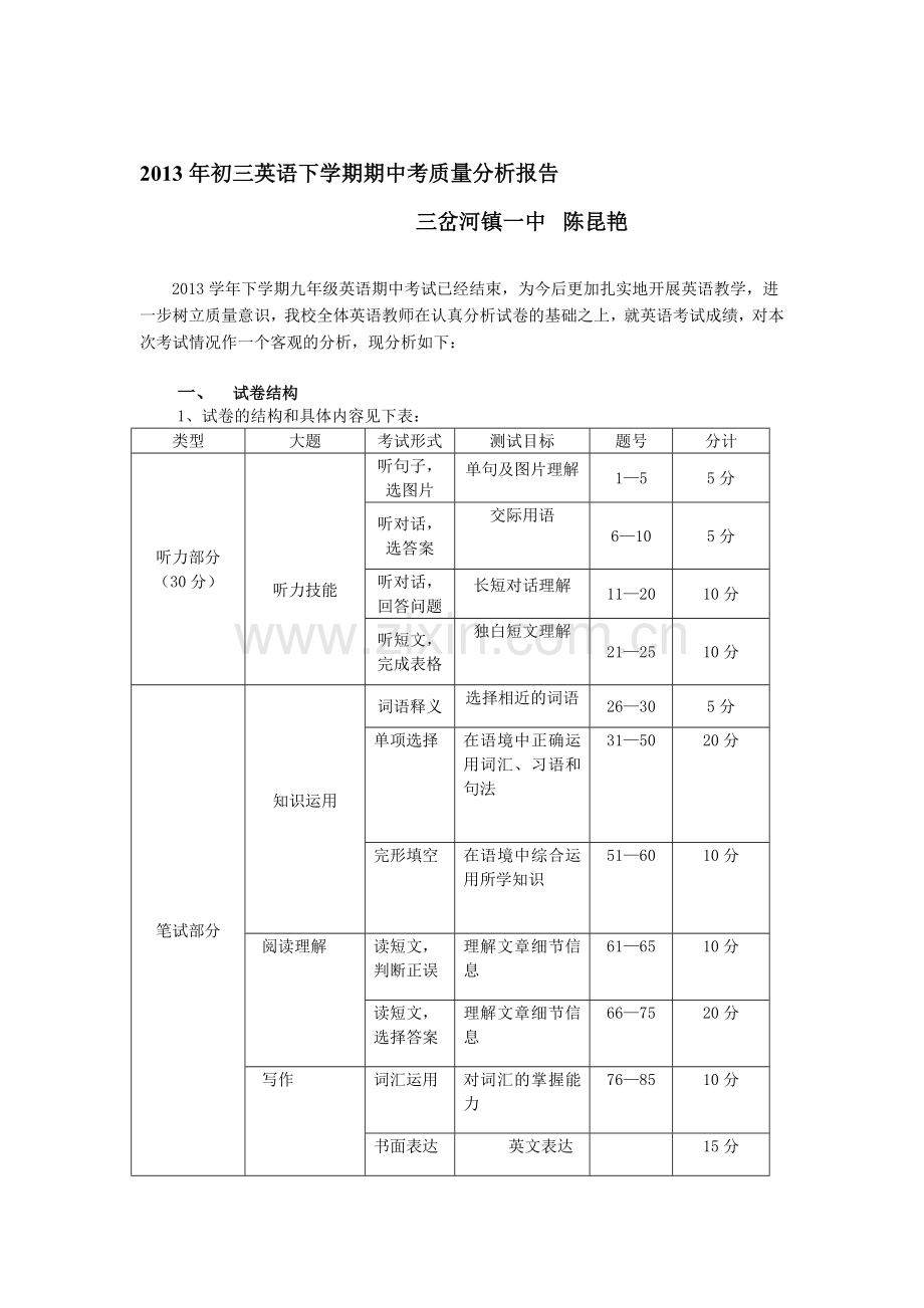 初三英语期中考试质量分析.doc_第1页