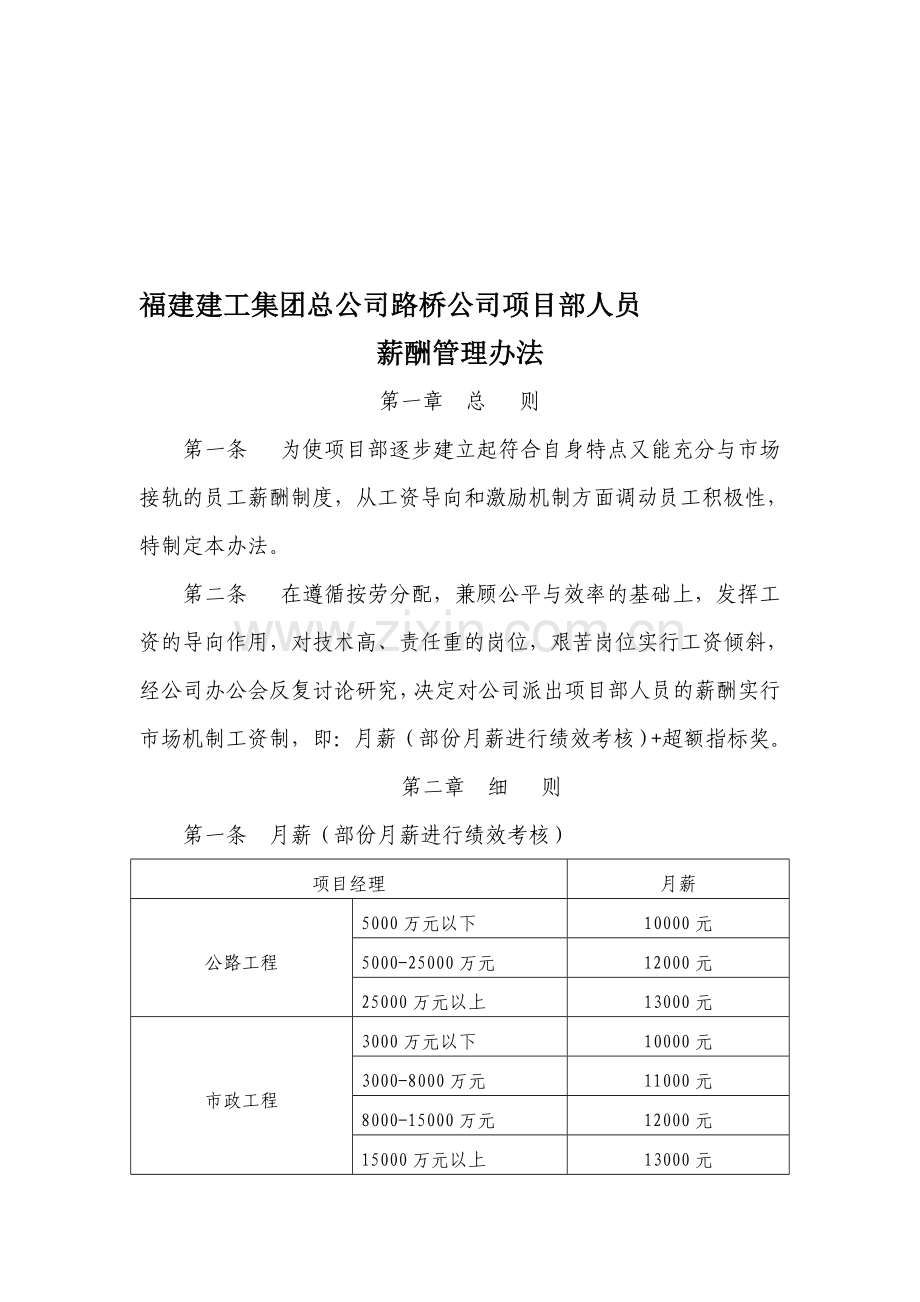 福建建工集团总公司路桥公司项目部人员薪酬管理办法.doc_第1页