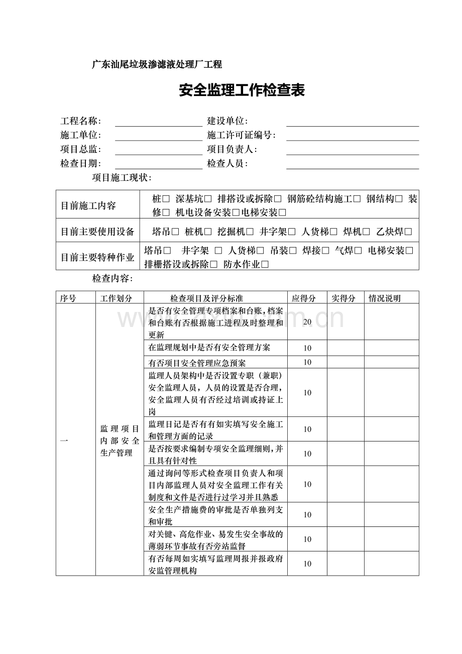 广东汕尾工程建设监理公司安全监理工作检查表.doc_第1页