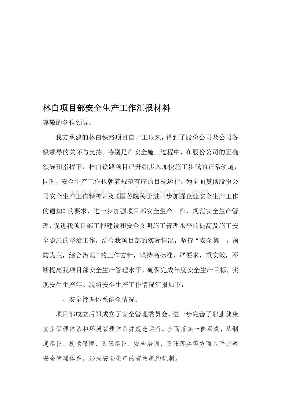 林白项目部安全生产工作汇报材料.doc_第1页