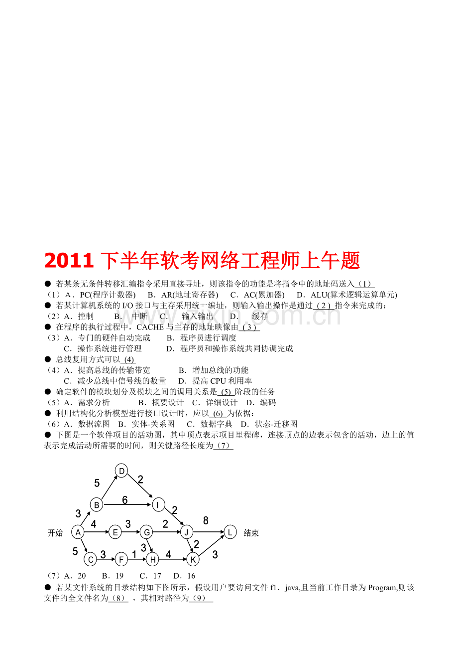 2011下半年软考网络工程师真题全卷及答案简析.doc_第1页