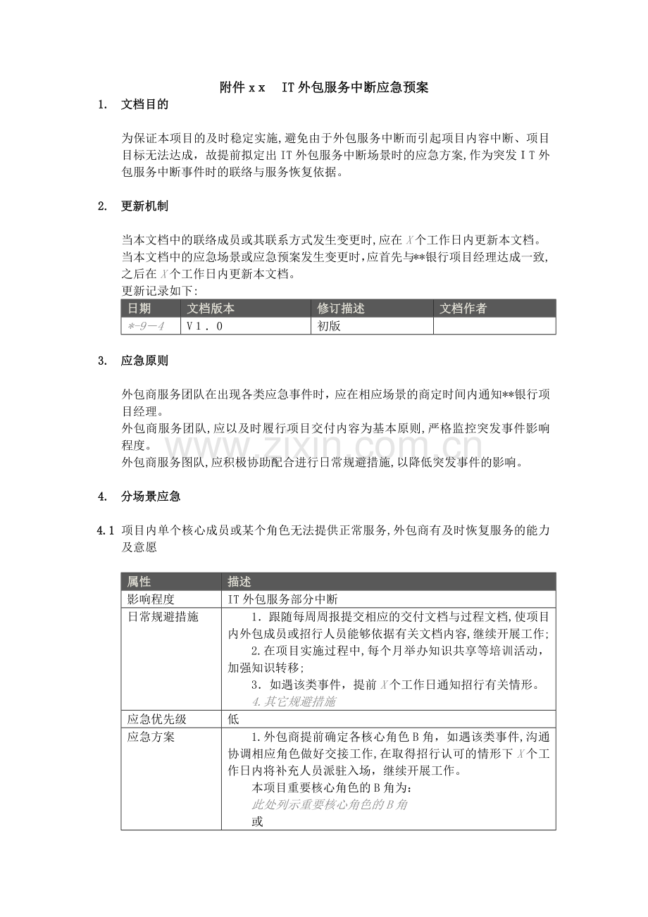 银行外包项目服务中断应急预案合同模板模版.docx_第1页